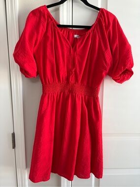 Nine West Red Puff Sleeve Smocked Waist Dress
